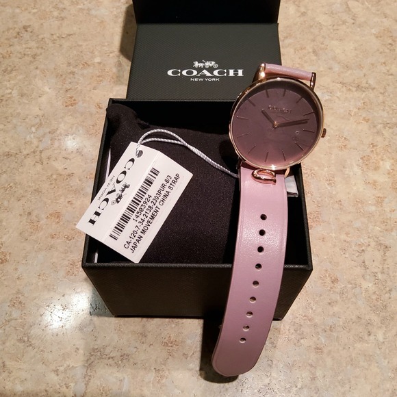 COACH PURPLE LEATHER STRAP WATCH 36MM "PERRY" ROSE GOLD PLATED STEEL - Picture 9 of 10